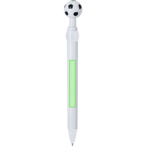 A white pen featuring a soccer ball-shaped top and a green section for customisation.