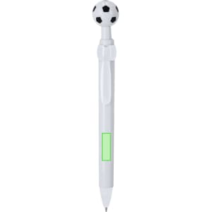 A white plastic pen with a black and white soccer ball on top and a green section on the barrel.