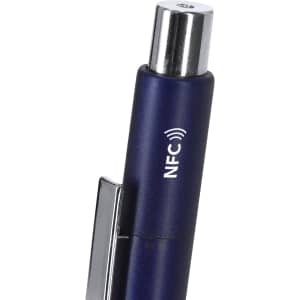 A metal pen in navy blue featuring a chrome top and a branding logo, designed for NFC technology.