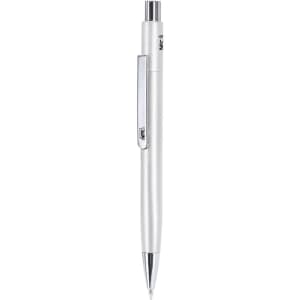 A silver metal pen with a clip and an NFC feature. The pen also includes a branding logo.