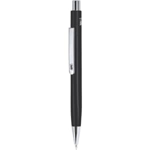 A black metal pen with a shiny silver clip and a logo on the body.