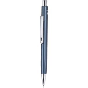 A metal pen in a dark blue shade with a shiny silver clip and a branding logo.