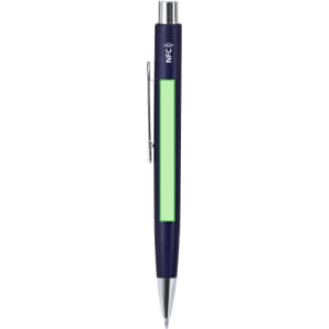 A metal pen in navy blue with a green section and a clip, featuring an NFC logo.