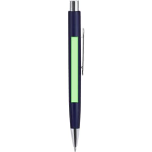 A metal pen in navy blue with a green accent and a silver clip, featuring a logo on the body.
