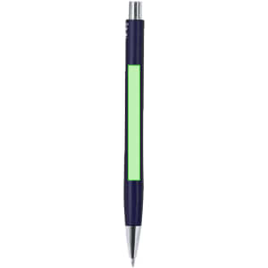 A metal pen in navy blue with a bright green section and a silver nib, featuring a logo.