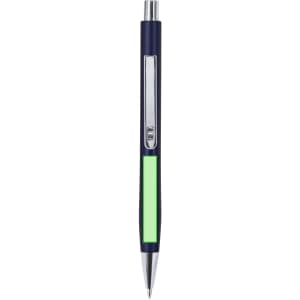 A metal pen in navy blue with a green accent and a chrome clip, featuring branding on the side.