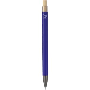 A metal pen in vibrant blue with a wooden tip and a logo on the barrel.