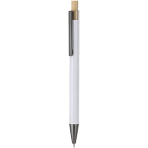 A metal pen with a white body and gold accents, featuring a sleek design and a clip.