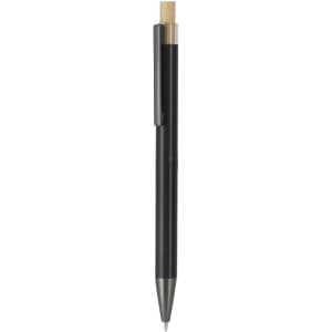 A metal pen with a sleek black body, a silver clip, and a natural wooden top. It features a subtle logo.