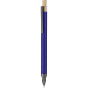A blue metal pen with a silver clip and tip, featuring a wooden accent at the top. Includes branding.