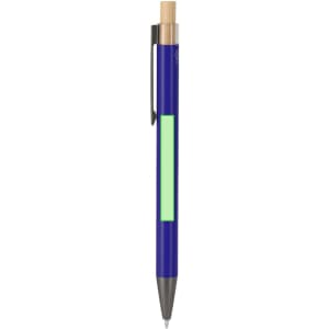 A blue metal pen with a wooden accent and a light green area, featuring a clip and branding.