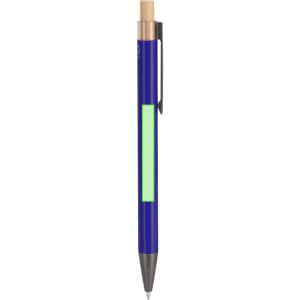 A metal pen featuring a blue body, bamboo accent, and a green highlighting section with a silver clip.