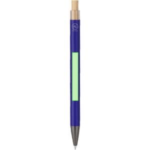 A blue metal pen with a light green accent and a wooden top, featuring a logo.