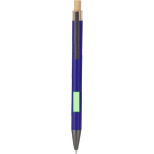 A metal pen in blue with a wooden top and a green accent. The pen has a sleek design and a logo.
