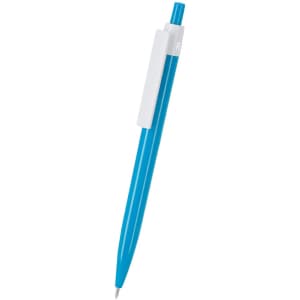 A blue plastic pen with a white clip and detailing, featuring a logo.