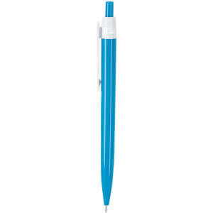 A blue plastic pen with a white clip and a logo on the barrel.