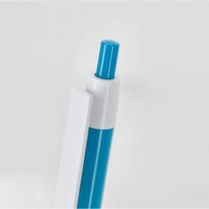 A plastic pen in bright blue with a white clip and top, featuring a logo.