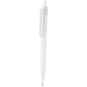 A plastic pen in clear and white, featuring a clip and a visible ink tip, with a logo present.