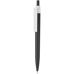A plastic pen in black with a white clip, featuring a branding logo.