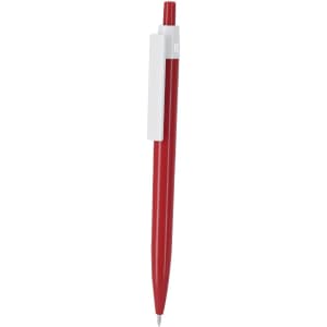A red plastic pen with a white clip and a logo on the barrel.