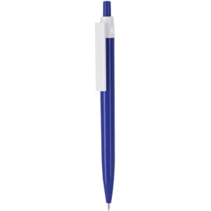 A blue plastic pen with a white clip and a branding logo on the barrel.