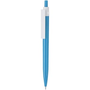 A blue plastic pen with a white clip and a branding logo on the barrel.