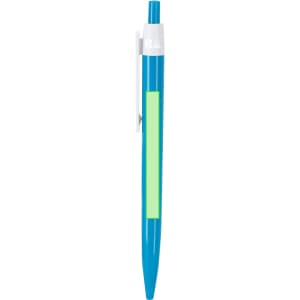 A blue plastic pen with a green grip and a clip, featuring a logo on the barrel.