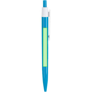 A blue plastic pen with a white clip and a blank green section for branding.