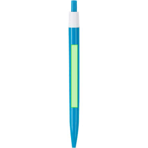 A blue plastic pen with a white tip and a light green section for branding or customisation.