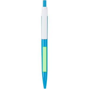 A blue plastic pen with a white upper section and a green highlight area. It features a logo on the body.