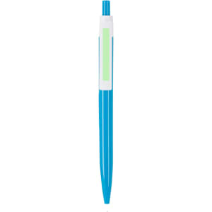 A blue plastic pen with a white and green accent and a logo on the side.