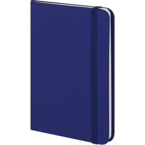 A navy blue notebook with a flexible cover and an elastic band closure. It features white pages inside.