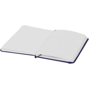An open notebook featuring blank white pages and a blue cover, with a branding logo on the front.