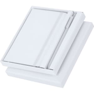 A white notebook set with a matching pen, presented in a white box. The box features a logo.