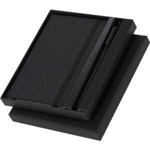 A sleek black notebook set with a matching pen, presented in a stylish black box with a logo.