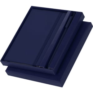 A navy blue notebook set with a matching pen, packaged in a sleek box. Includes a branding logo.