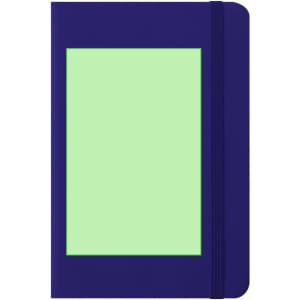 A navy notebook with a light green insert, featuring an elastic closure and a logo on the front.