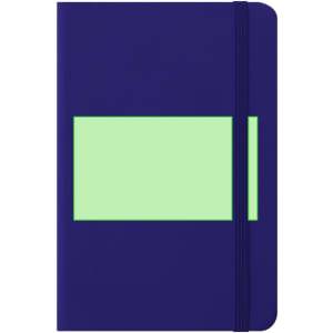 A navy notebook featuring a green insert and an elastic band closure. It has a logo on the front.