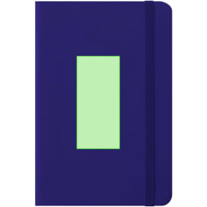 A purple notebook with a light green rectangular section on the cover and an elastic band. It also features a logo.