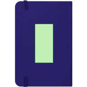 A navy notebook with a green rectangular section on the front and elastic closure.