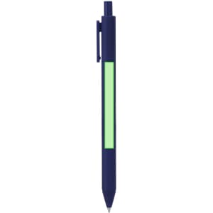 A navy blue pen with a green highlight and a clip for easy attachment. Features a sleek design and has branding.