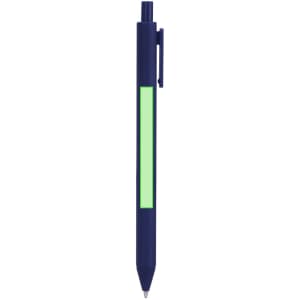 A navy pen with a bright green midsection and a clip, featuring a branding logo.