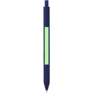 A navy pen with a green accent and a click mechanism. The pen features a branding logo.