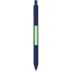 A navy blue pen with a green accent and a logo. The pen features a click mechanism for writing.