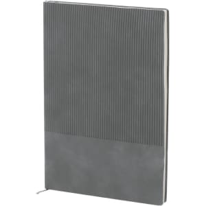 A grey notebook with a ribbed cover design and a smooth lower section. It features a logo on the front.