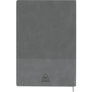 A grey notebook with a textured striped cover and a smooth bottom section, featuring a logo.