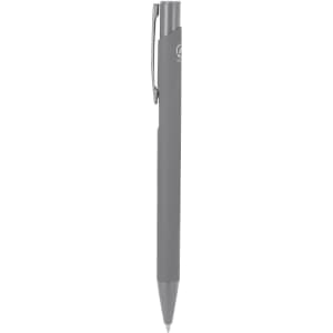 A grey pen with a sleek design and a clip for easy attachment; features a branding logo.