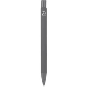 A grey pen with a smooth finish and a logo on the barrel.