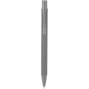 A grey pen with a clip. The pen has a sleek, minimalist design and features a branding logo.