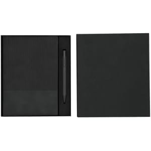 A black notebook set with a textured cover and a matching pen, presented in a black box.